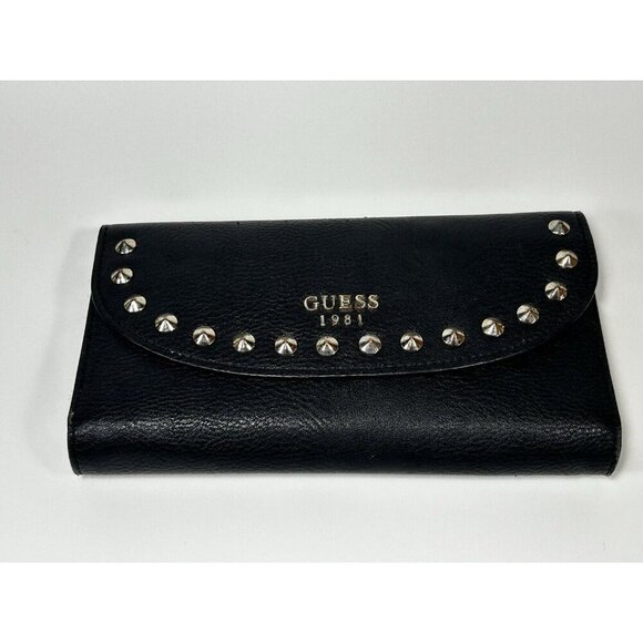 Guess Woman’s Black Studded Leather Trifold Wallet Vtg - Picture 1 of 8